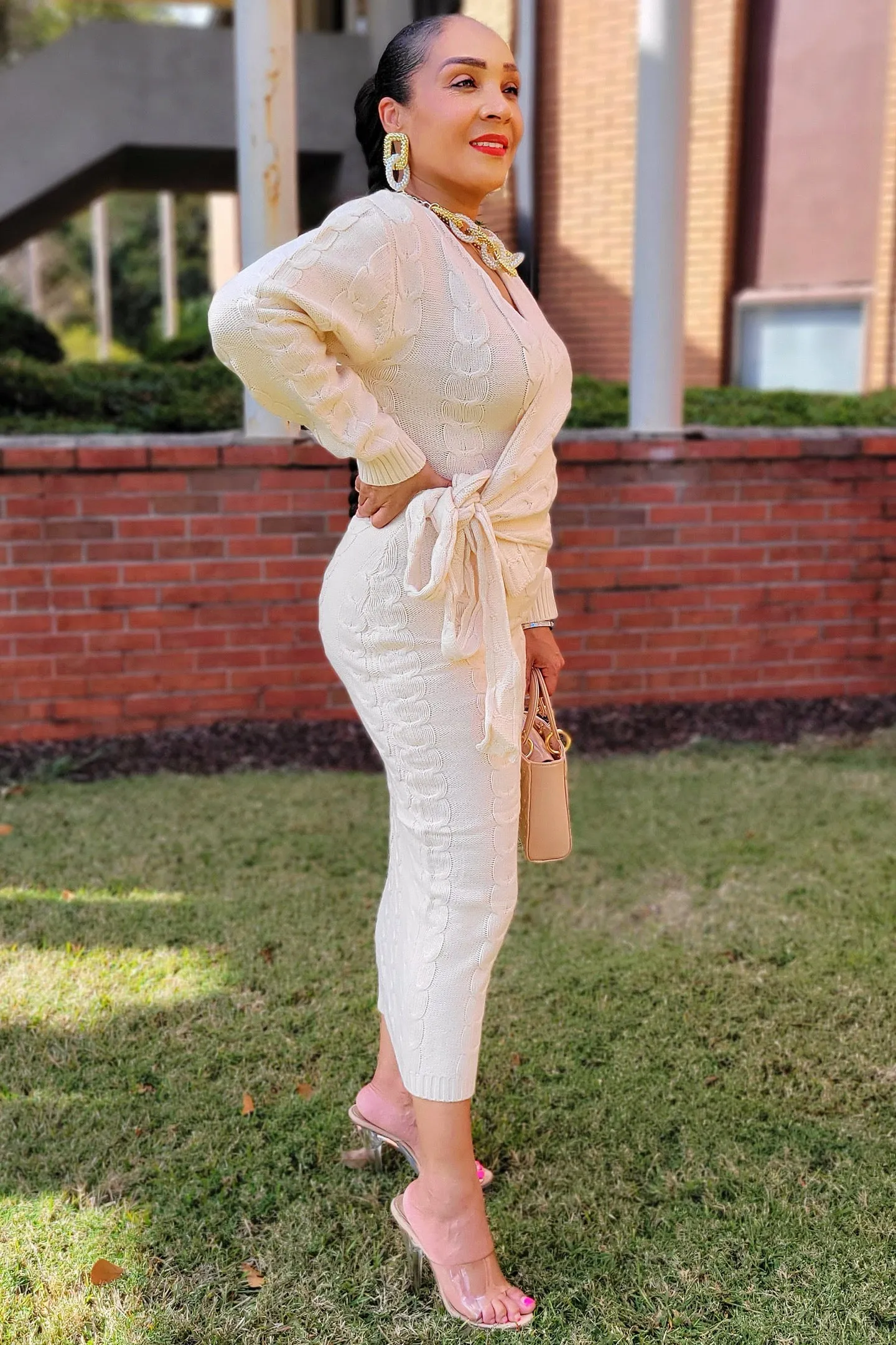 101823 Cream Knitted V Wrapped Midi Dress