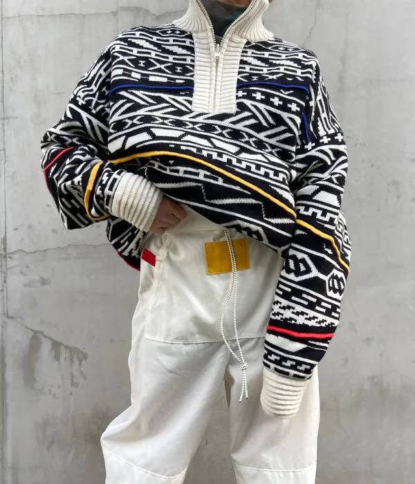 FUMIKA_UCHIDA/JACQUARD KNITTED OVERSIZED REVERSIBLE HALF ZIP JUMPER(BLACKWHITE PATTERN/PATTERNED BEIGE)