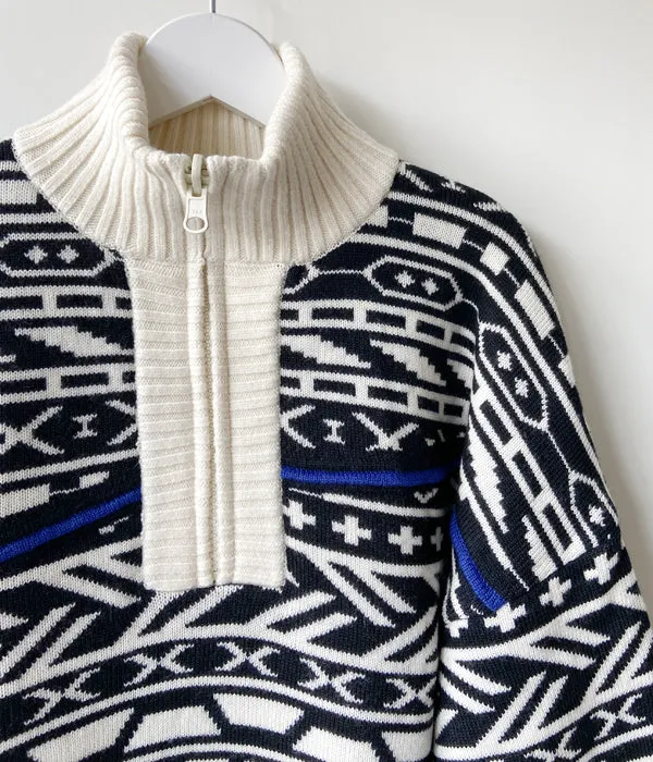 FUMIKA_UCHIDA/JACQUARD KNITTED OVERSIZED REVERSIBLE HALF ZIP JUMPER(BLACKWHITE PATTERN/PATTERNED BEIGE)