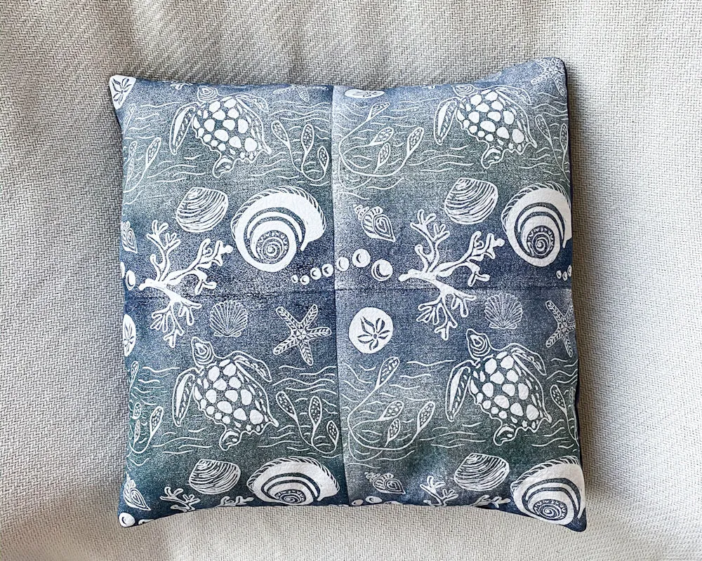 Hand-printed coastal pillow cover plus insert: blue/green 16"x16"