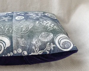 Hand-printed coastal pillow cover plus insert: blue/green 16"x16"