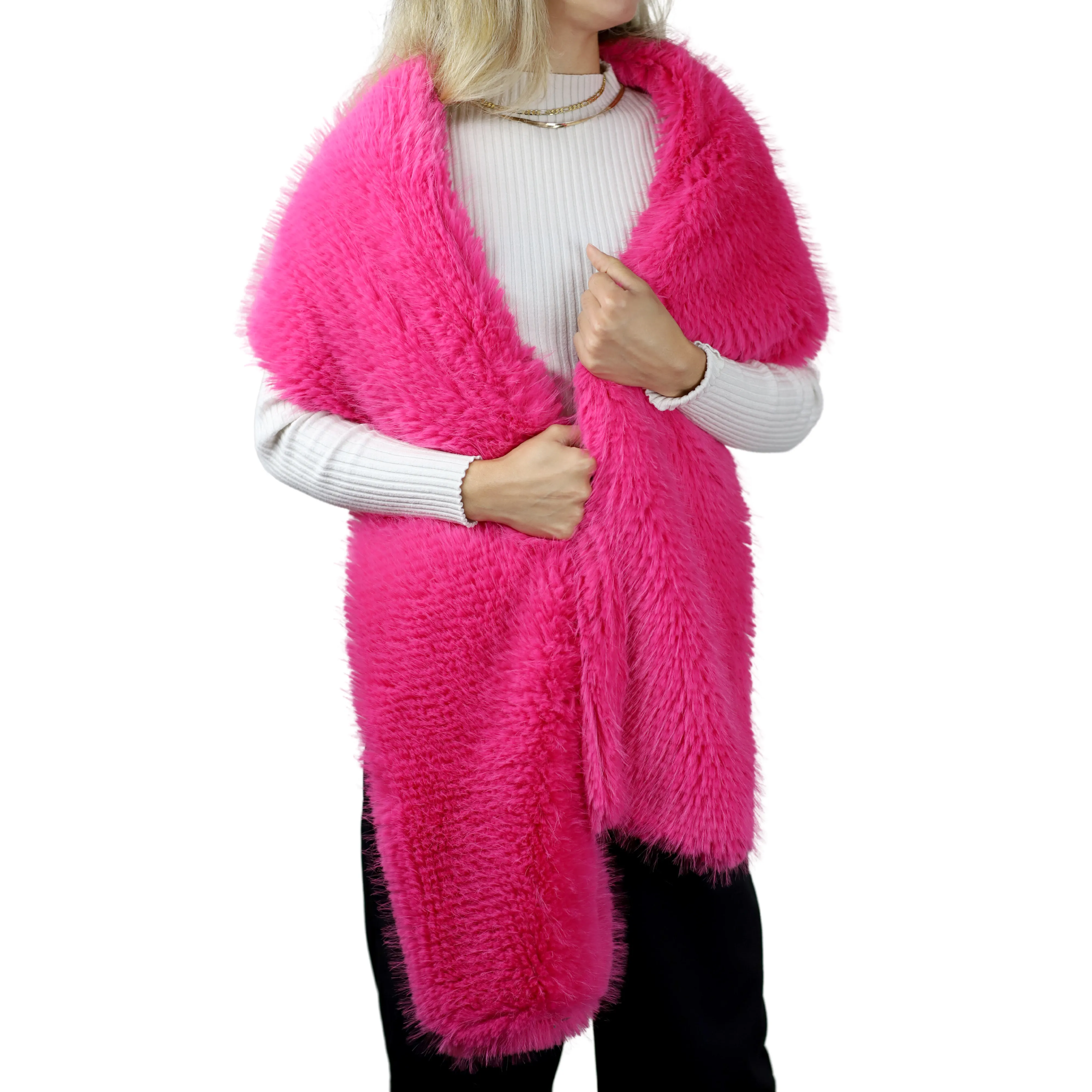 La Fiorentina Shaggy Faux Fur Shawl in Fuxia - Luxurious 100% Polyester Wrap, 70in x 9in