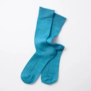 Linen Cotton Ribbed Crew Socks (Blue)