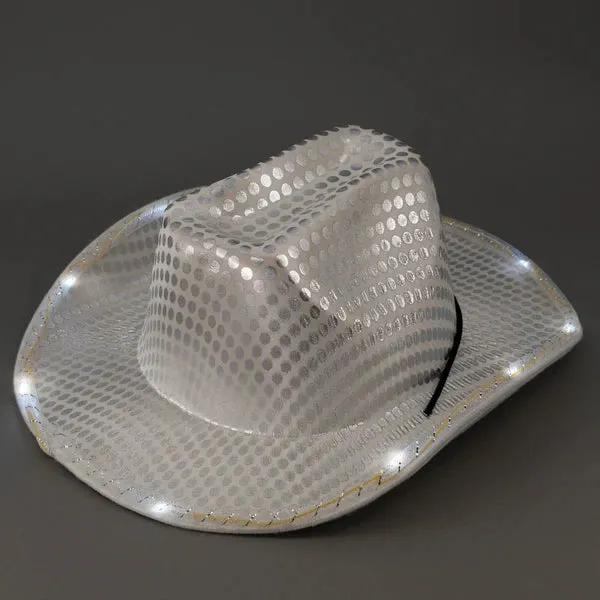 Personalized LED Light Up Flashing White Sequin Cowboy Hat - Pack of 20 Custom Hats