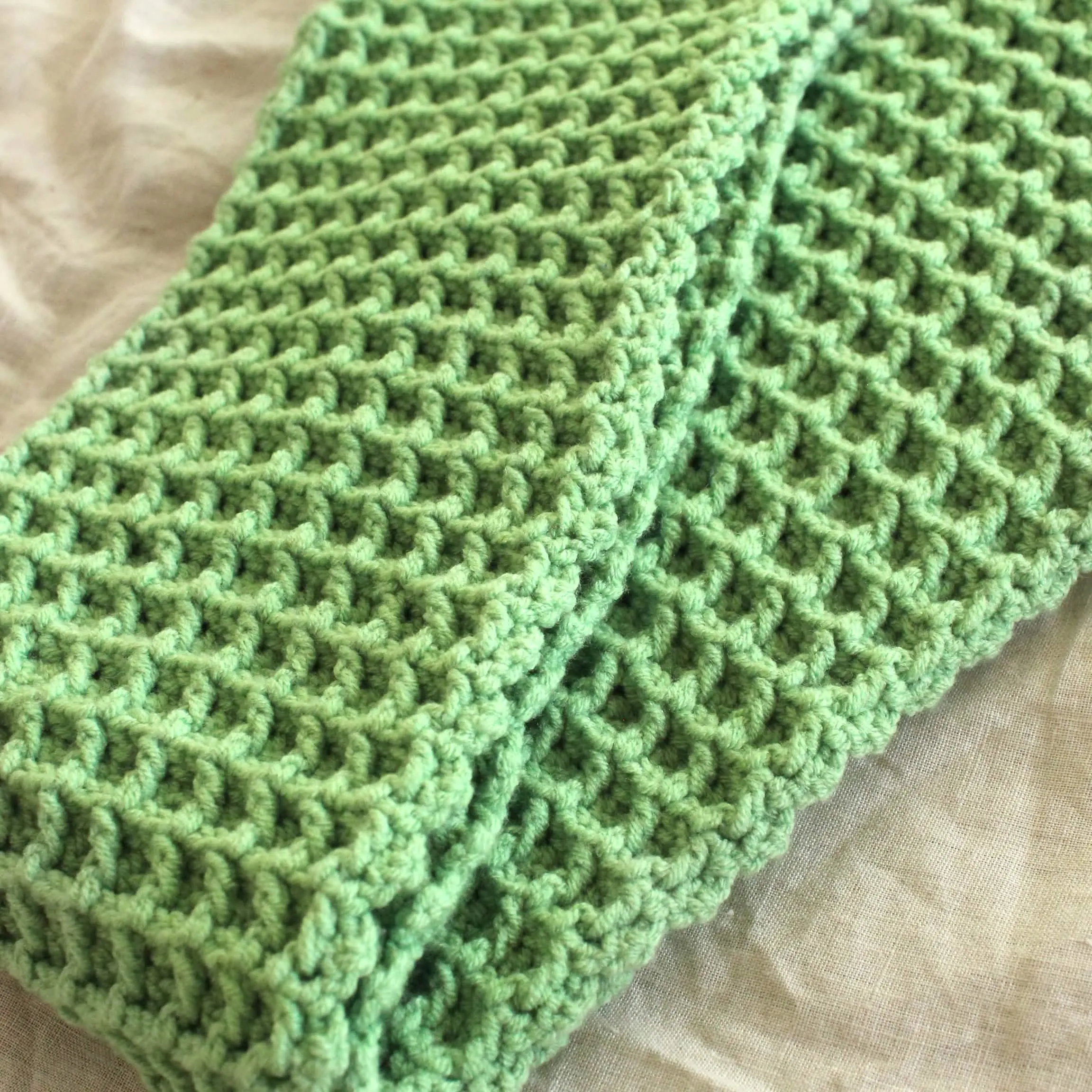 Sage Green Waffle-Patterned Crochet Scarf