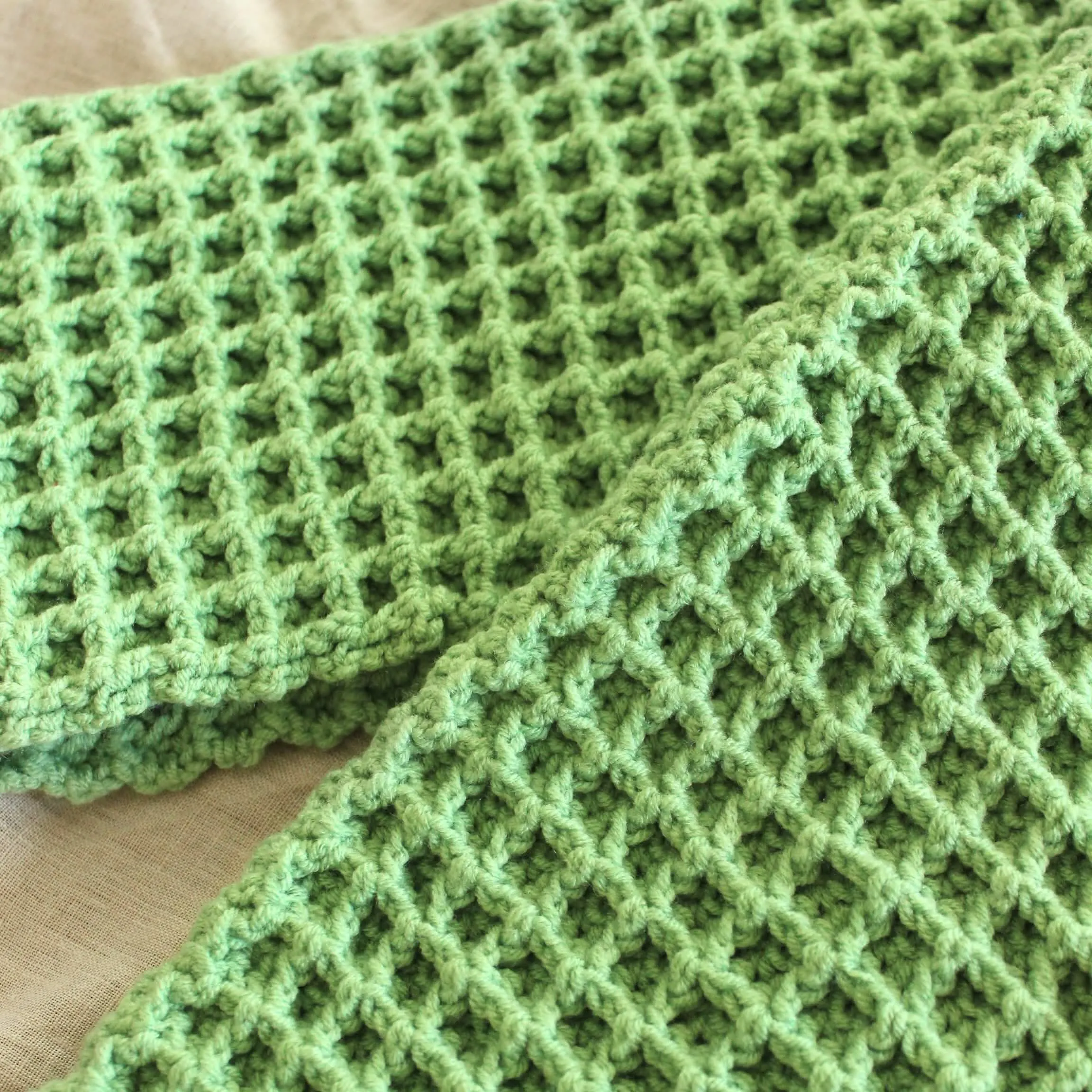 Sage Green Waffle-Patterned Crochet Scarf