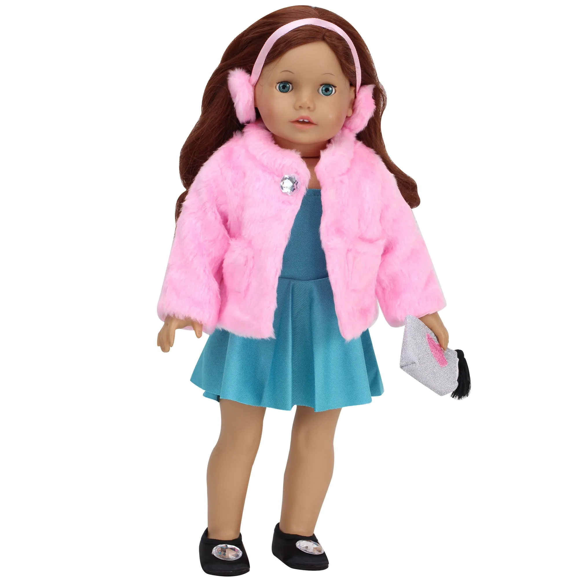 Sophia’s by Teamson Kids 2 Piece Baby Doll Pink Fur Coat and Earmuffs Outfit, 18 Inch Doll Clothes Set, Dolls Clothing & Accessories